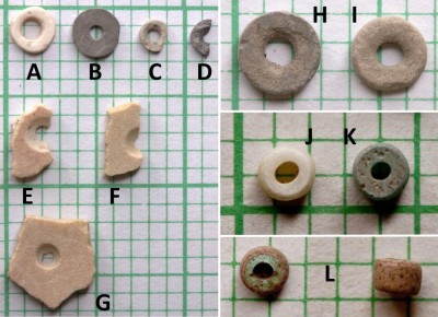 Figure 5. Mafunyane’s bead assemblage: A–G, ostrich eggshell beads in various production stages, J & K, European possibly dating from the eighteenth century; and L, European red-on-green (AD 1600–1800s).